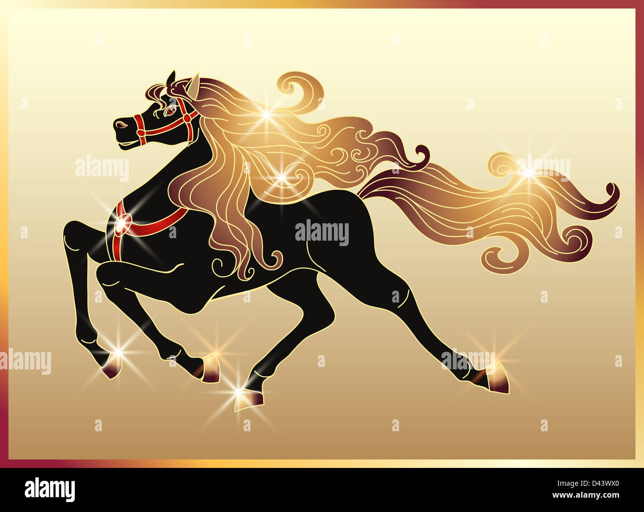 Cheval noir au galop avec la crinière d'or Banque D'Images