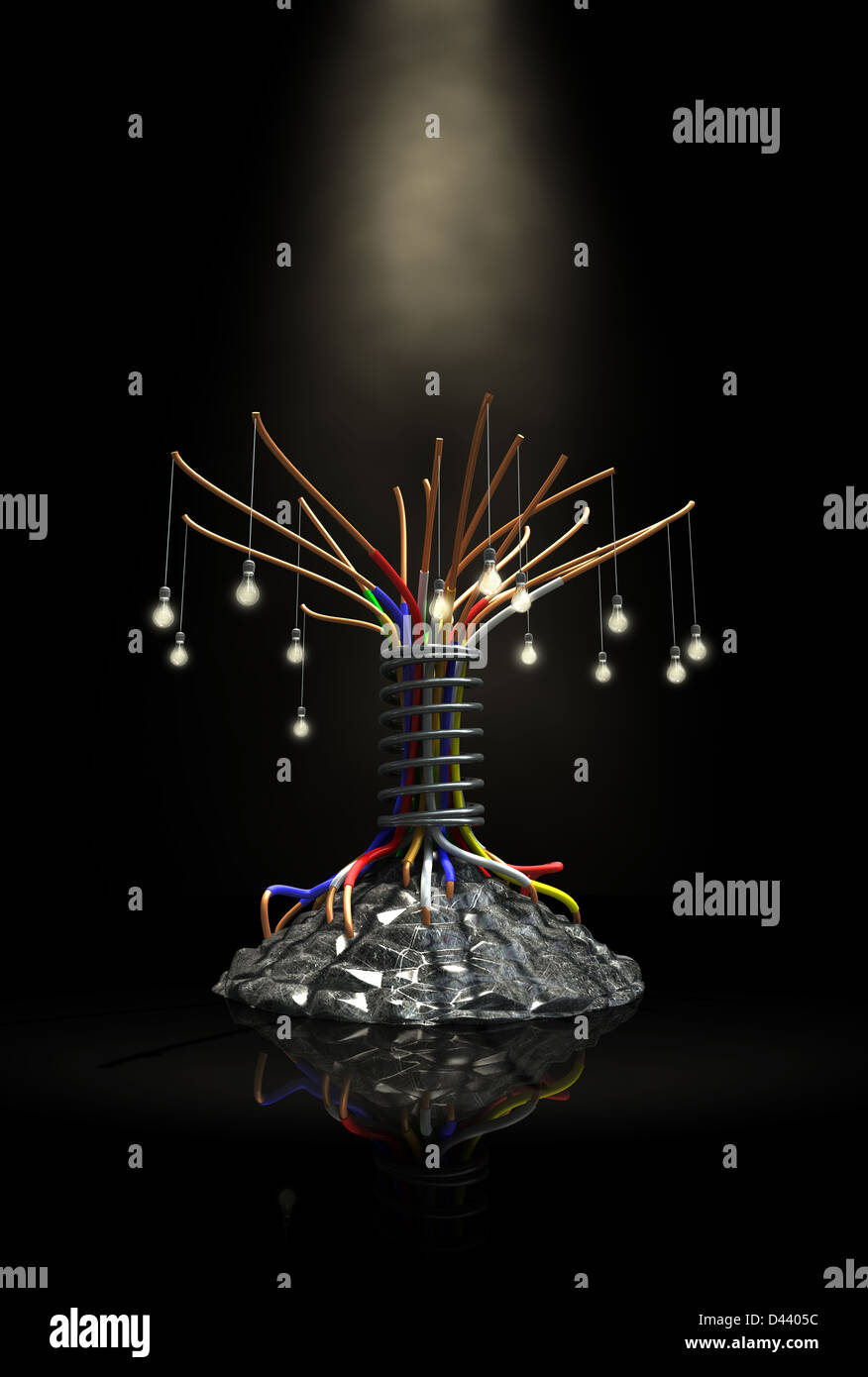Un arbre stylisé faite d'éléments électriques et mécaniques et métalliques Banque D'Images