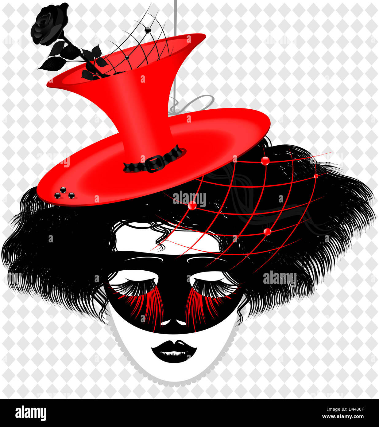 Décrit le visage de femme avec Red Hat et excentrique carnival mask Banque D'Images