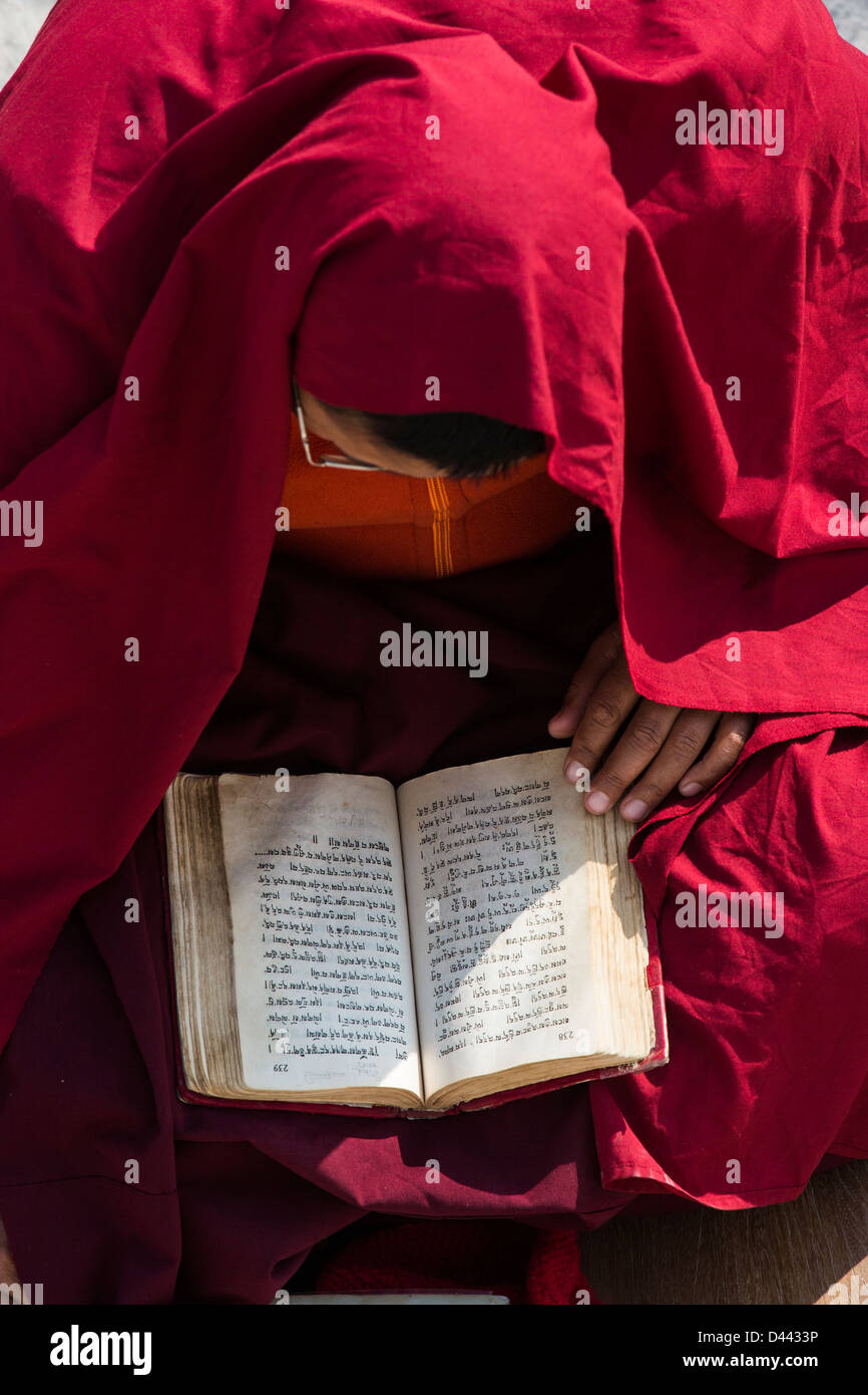 Le moine bouddhiste lecture prière au Stupa Boudhanath, Katmandou, Népal Banque D'Images