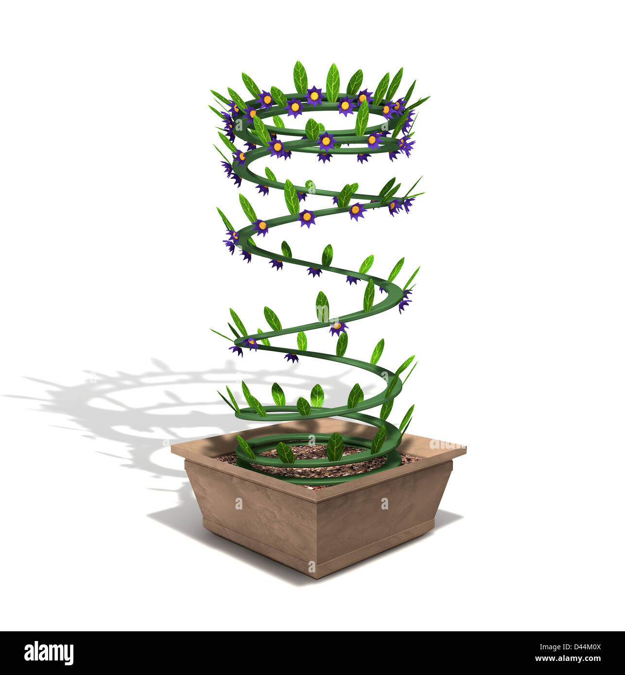 Un ressort mécanique ambiguë avec fleurs de printemps et les nouvelles feuilles de germination il développe dans un pot de fleurs Banque D'Images