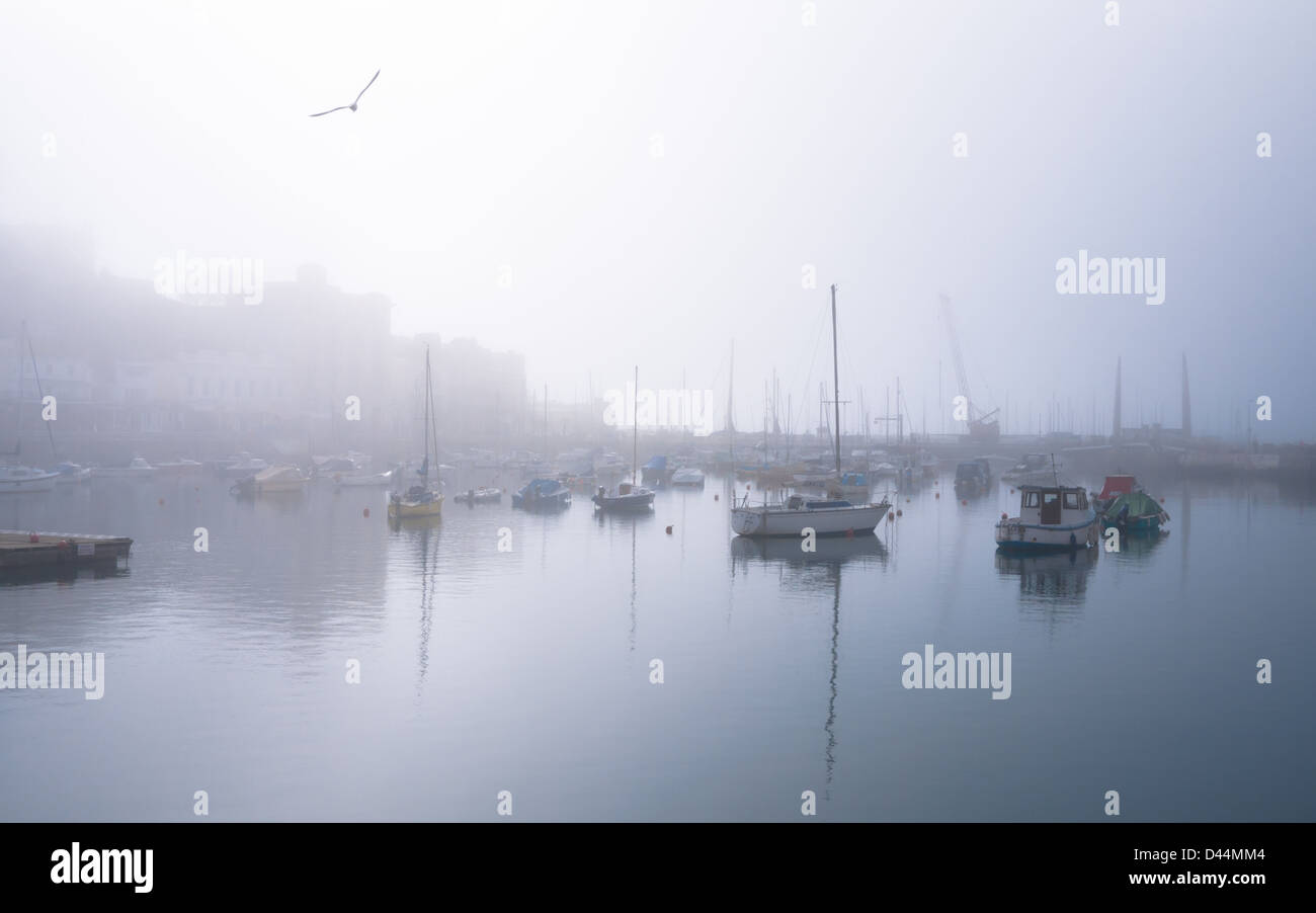 Vue sur le port de Torquay sur un matin, encore, avec sea mist enveloppant les bâtiments. Banque D'Images