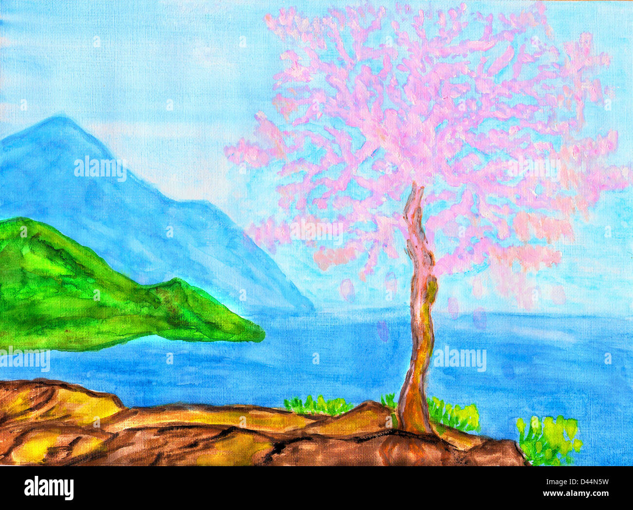 Arbre En Fleurs Rose Peinture Banque Dimages Photo Stock