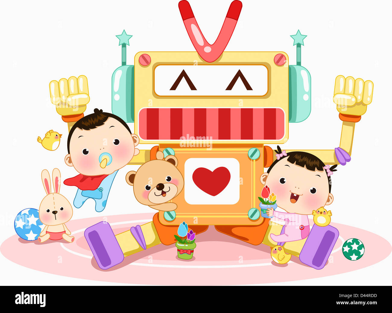Illustration de deux bébés avec un robot Banque D'Images