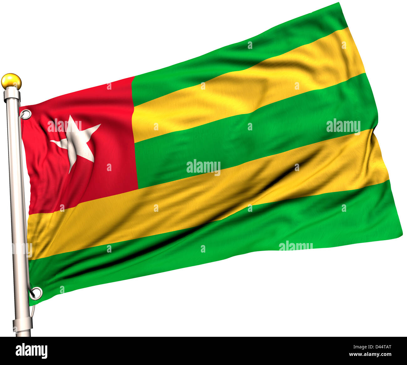 Togo drapeau sur un mât. Chemin de détourage inclus. La texture de la soie visible sur le drapeau à 100  %. Banque D'Images