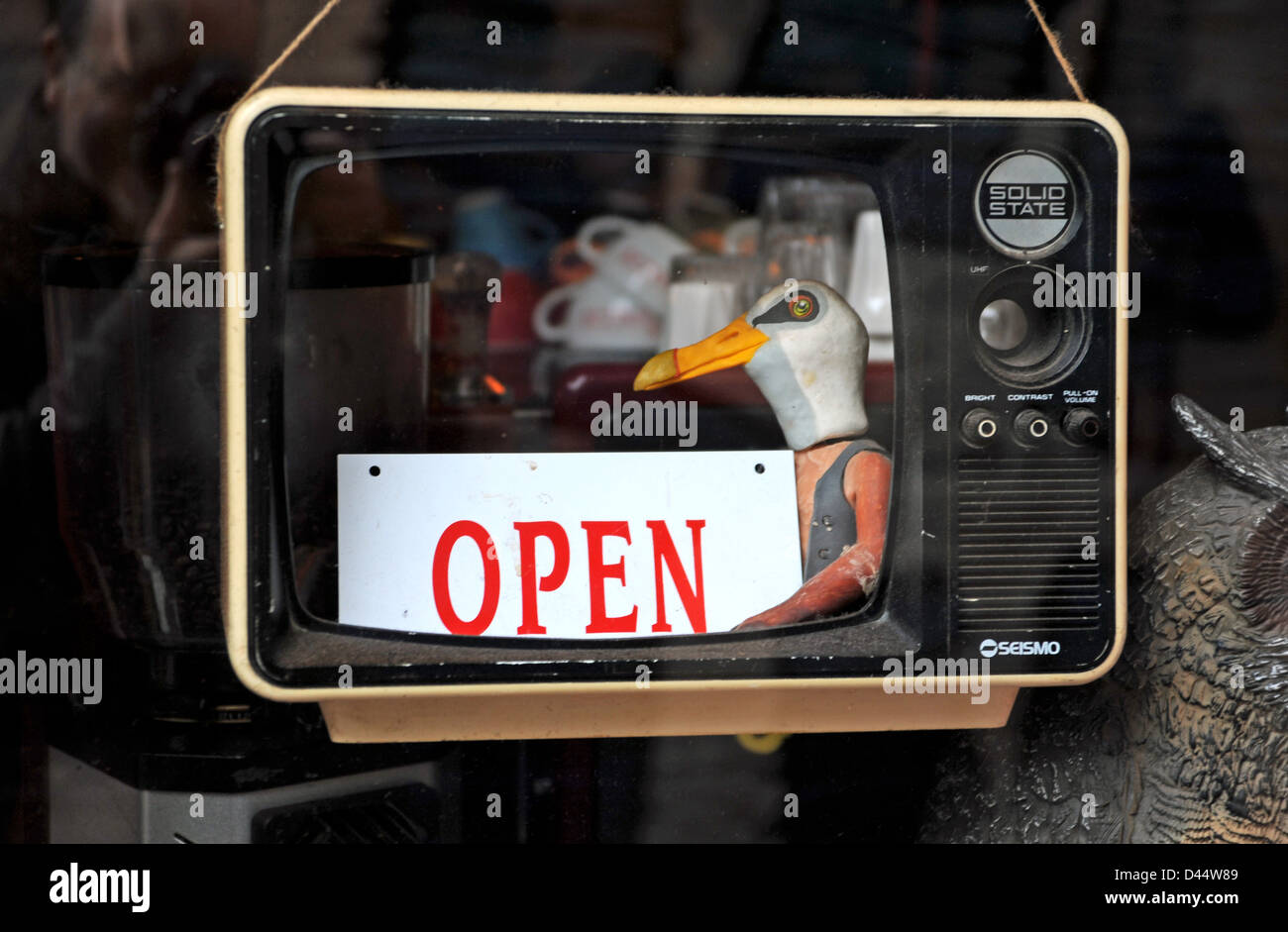 Quirky Open sign avec mouette en fenêtre cafe Brighton UK Banque D'Images