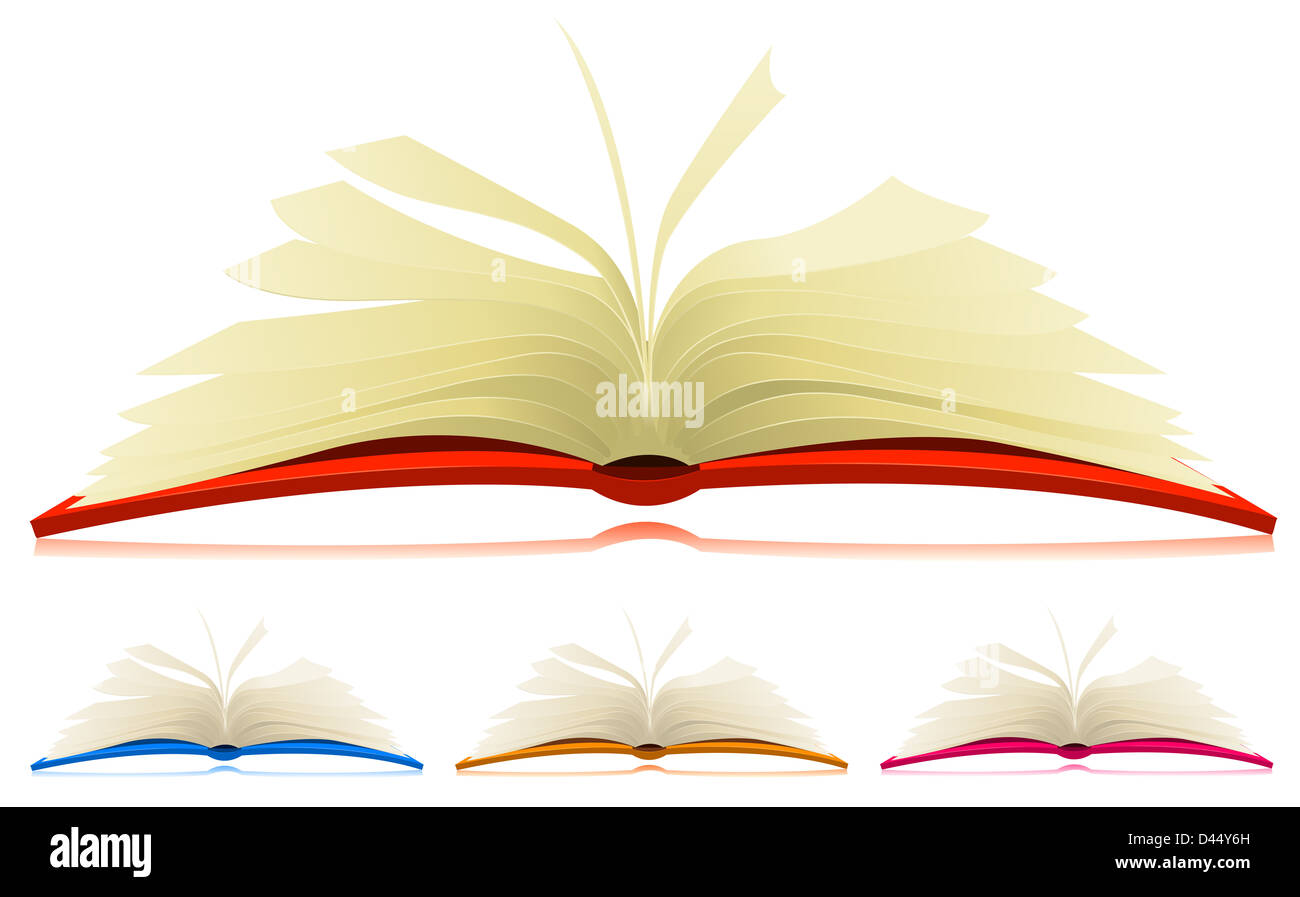 Illustration d'un ensemble de dessins ouvert livres dans quatre couleurs différentes avec le feuilletage rapide de pages Banque D'Images