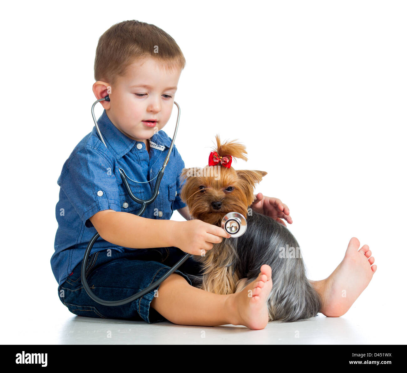 Garçon enfant l'examen de chien isolé sur fond blanc Banque D'Images