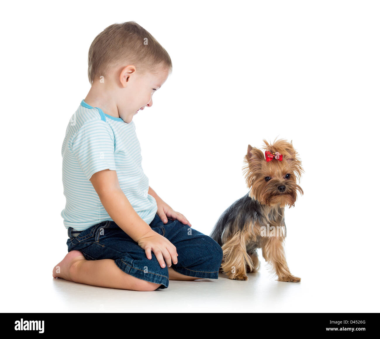 Smiling Enfant Garçon jouant avec un petit chien isolated on white Banque D'Images