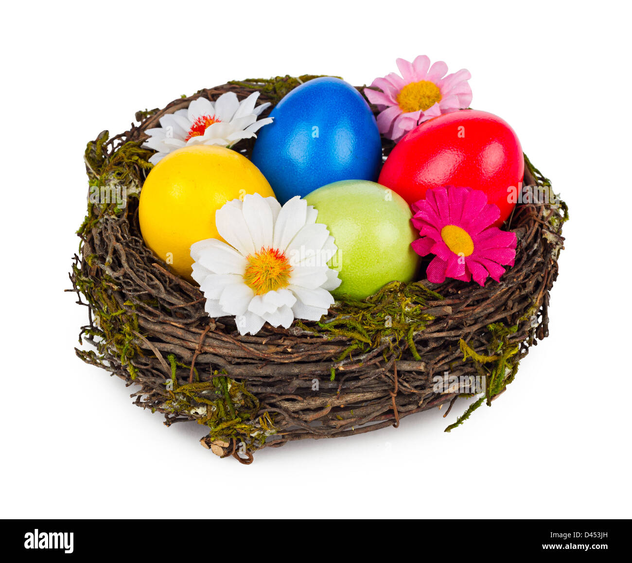 Nid de Pâques avec des oeufs et fleurs Banque D'Images