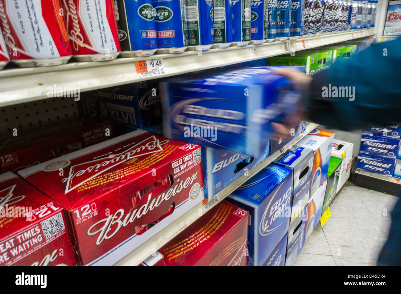 Un nouveau client s'empare de canettes de bière Budweiser par le brasseur Anheuser-Busch InBev dans un supermarché de New York Banque D'Images