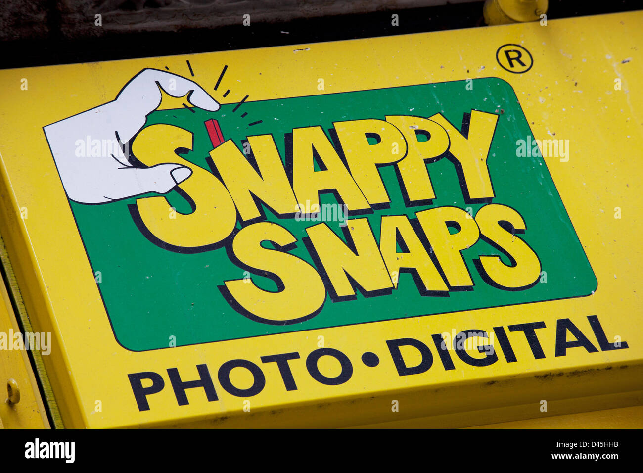 Signe pour le traitement photo shop Snappy Snaps. Banque D'Images