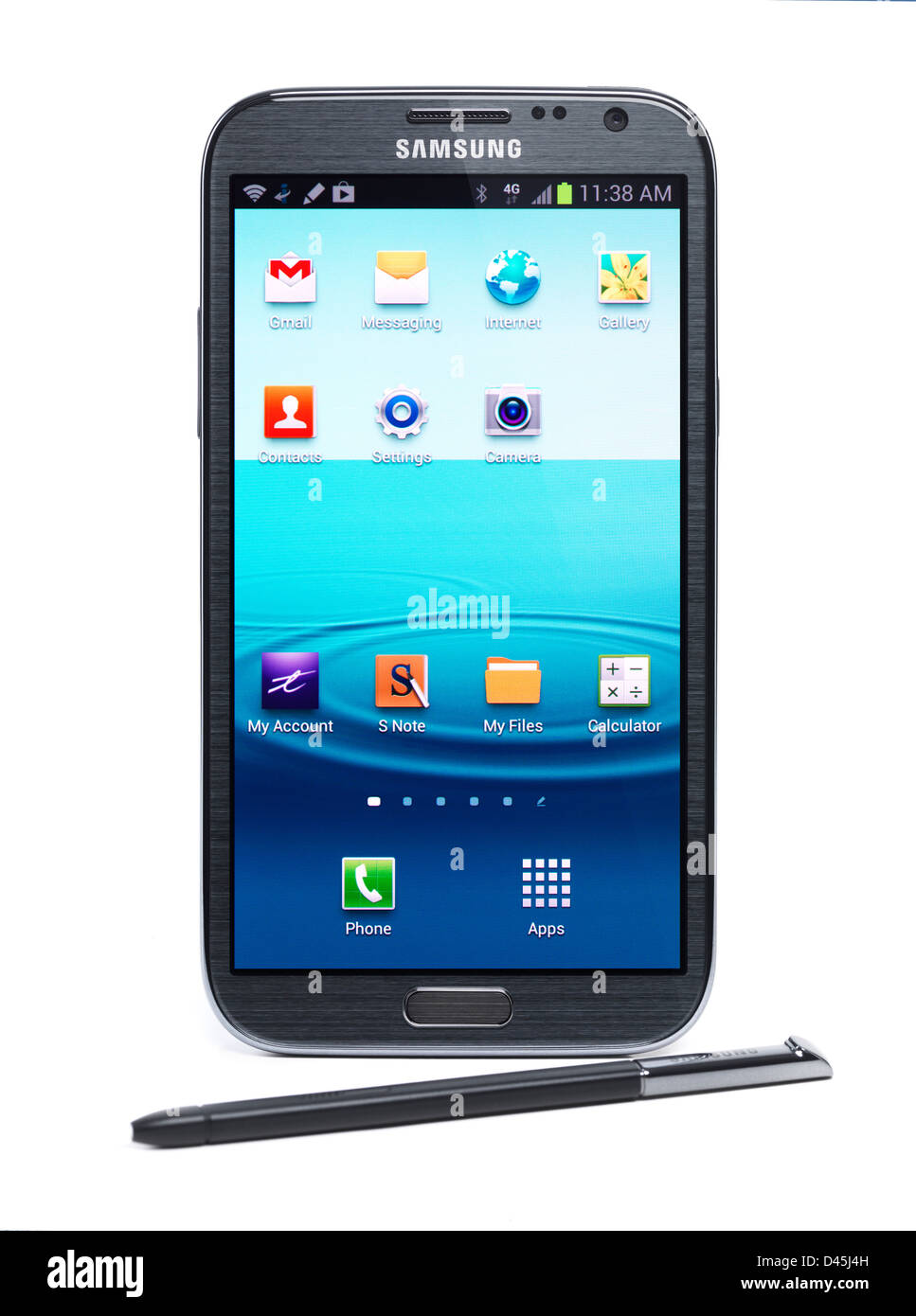 Samsung Galaxy Note 2 smartphone Android avec un stylo pointeur isolé sur fond blanc Banque D'Images