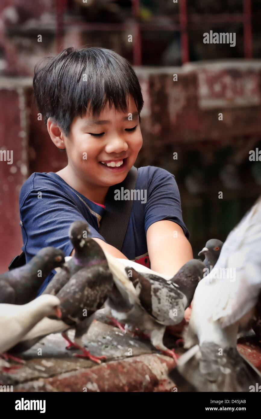 Jeune garçon Vietnam nourrir les pigeons Banque D'Images