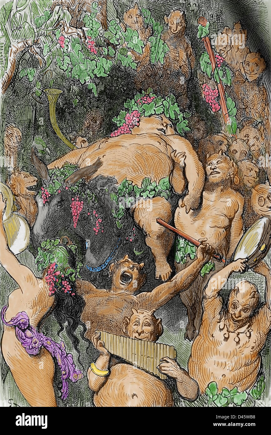 Bacchus. Gravure de Gustave Dore. 19e siècle. De couleur. Banque D'Images