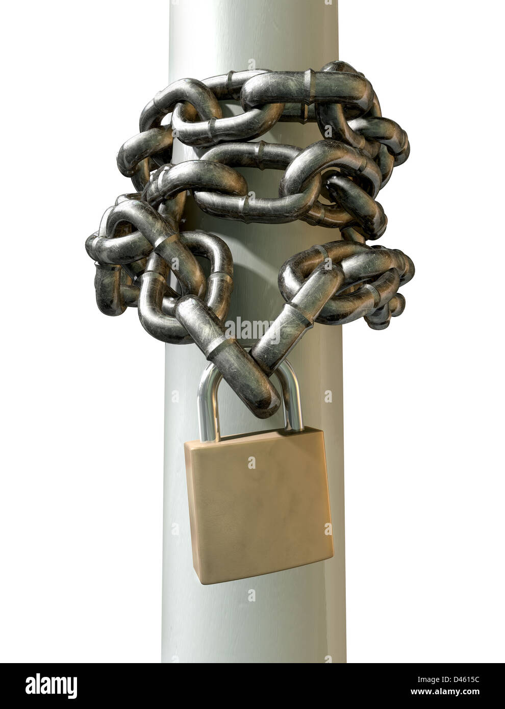 Une chaîne métallique enroulée autour d'un poteau avec les extrémités  verrouillé avec un cadenas sur un fond isolé Photo Stock - Alamy