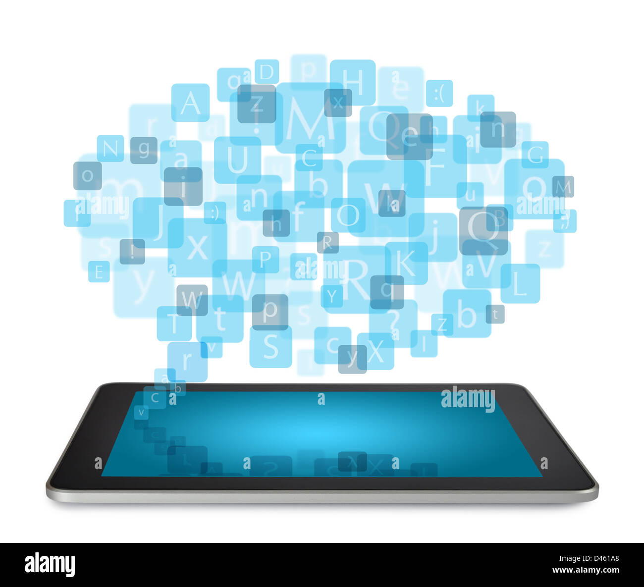 Tablet PC avec nuage de caractères alphabet icônes isolé sur fond blanc Banque D'Images