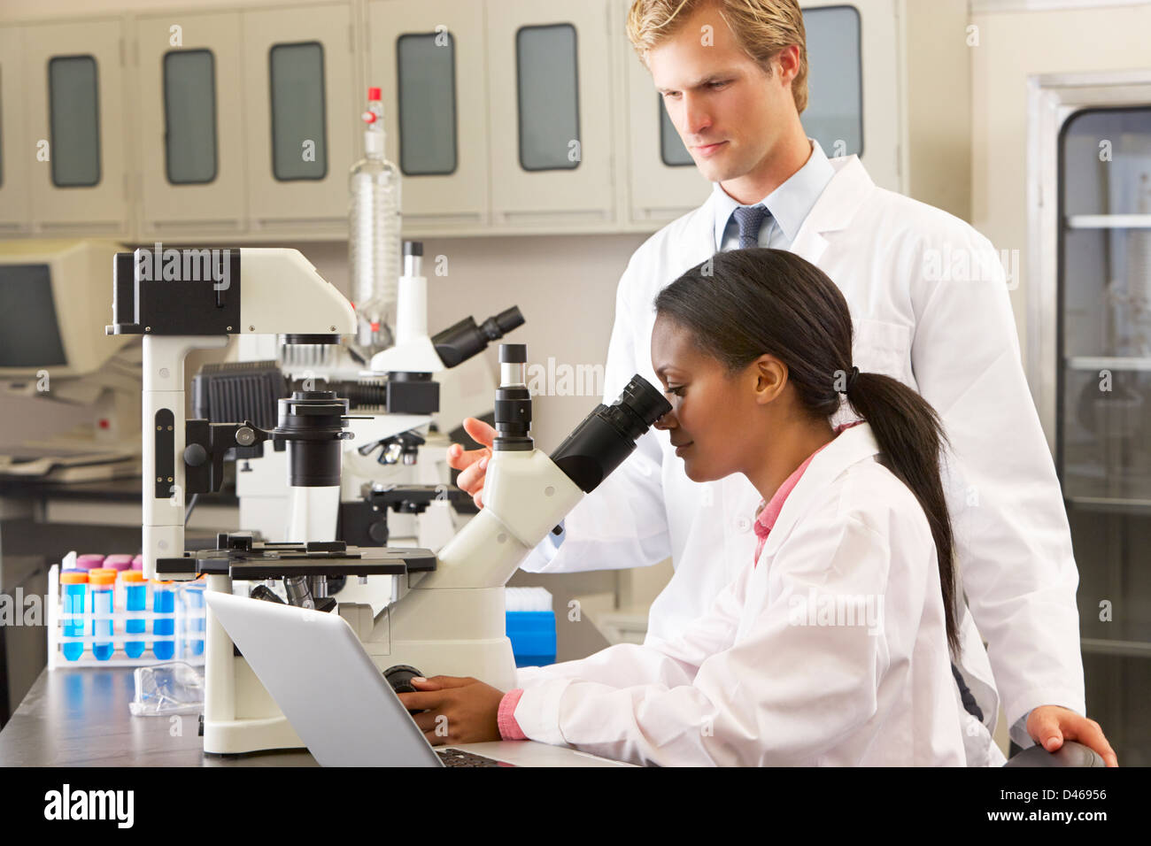 Les scientifiques masculins et féminins à l'aide de microscopes en laboratoire Banque D'Images