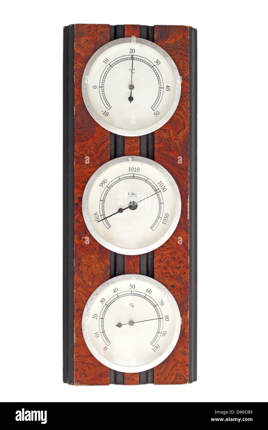 Horloge Murale Vintage En Bois Avec Thermomètre Et Hygromètre, Fabrication Française, Années 70