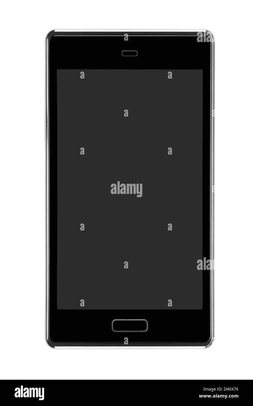 Smart phone noir avec bord d'argent et écran gris isolé sur fond blanc Banque D'Images
