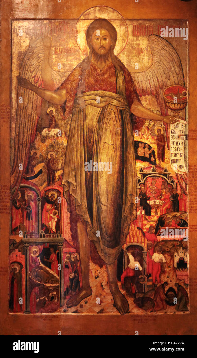 L'icône Orthodoxe Jean le Baptiste, l'Ange du désert avec histoire de vie. La fin XVII ct. Kostroma, Russie. Banque D'Images
