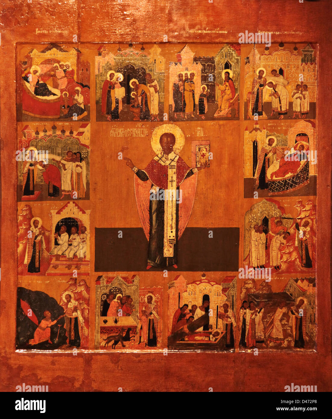 L'icône orthodoxe Saint Nicolas le Wonder-Zaraysky (travailleur), avec l'histoire de vie. Seconde moitié du 17ct. Galitch, la Russie. Banque D'Images