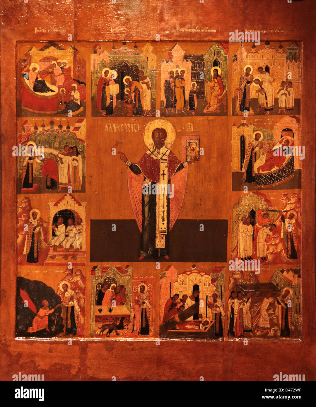 L'icône orthodoxe Saint Nicolas le Wonder-Zaraysky (travailleur), avec l'histoire de vie. Seconde moitié du 17ct. Galitch, la Russie. Banque D'Images