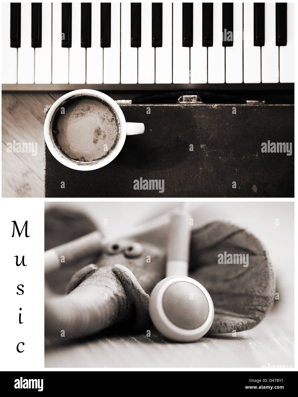 Monohrome jeu d'images, l'imagination, du café, de la musique Banque D'Images