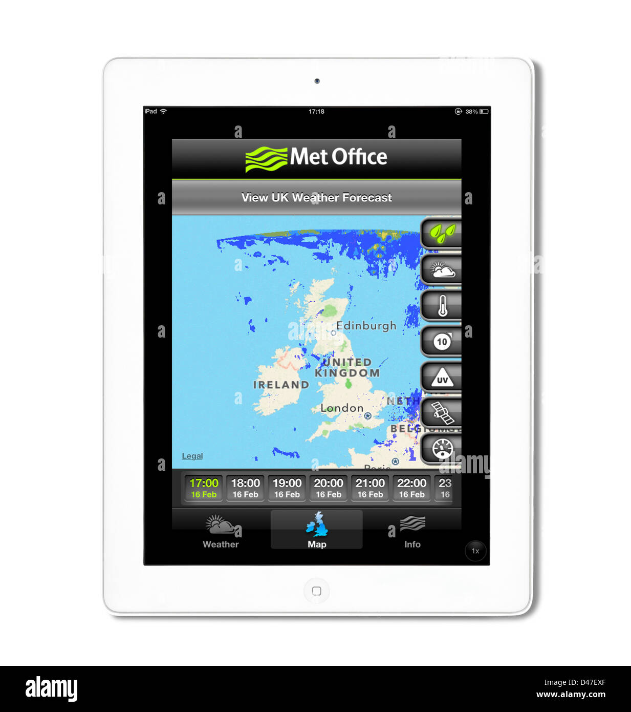 L'UK Met Office application météo vue sur une 4ème génération d'Apple iPad tablet computer, UK Banque D'Images