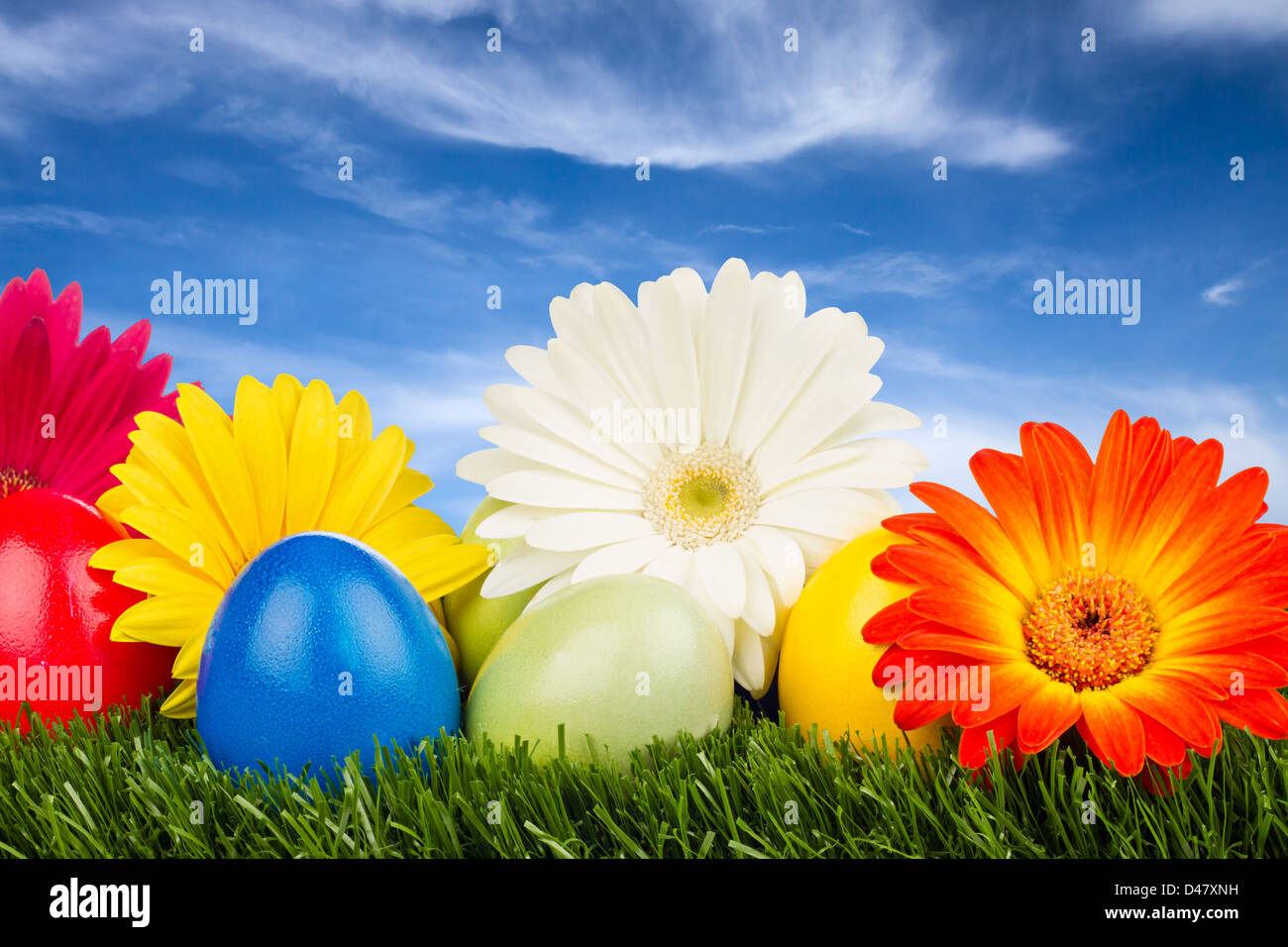 Les oeufs de Pâques colorés avec des fleurs sur l'herbe Banque D'Images