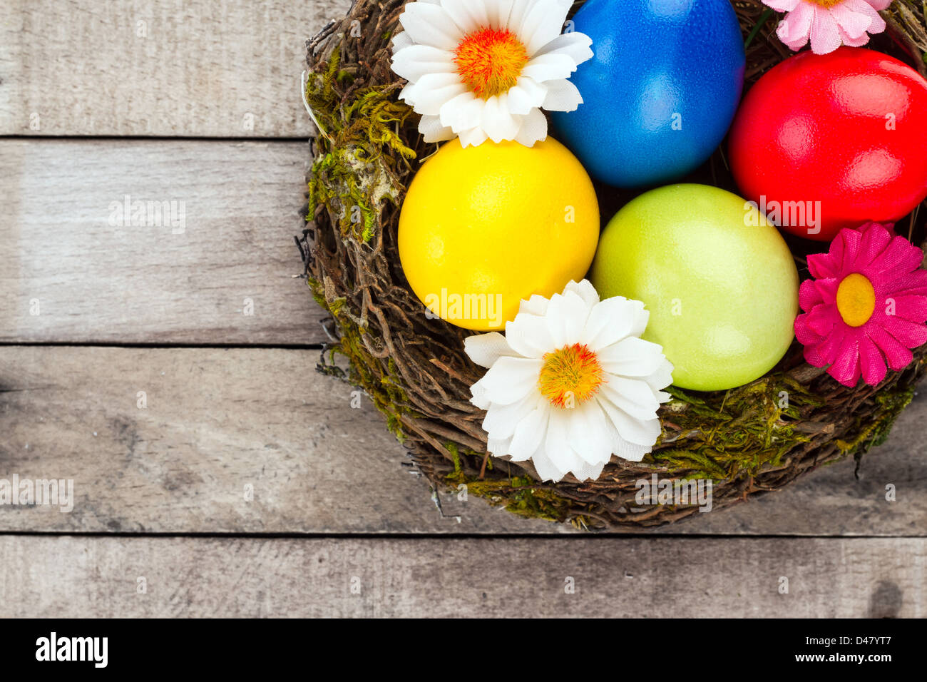 Nid de Pâques avec des oeufs et fleurs sur bois Banque D'Images