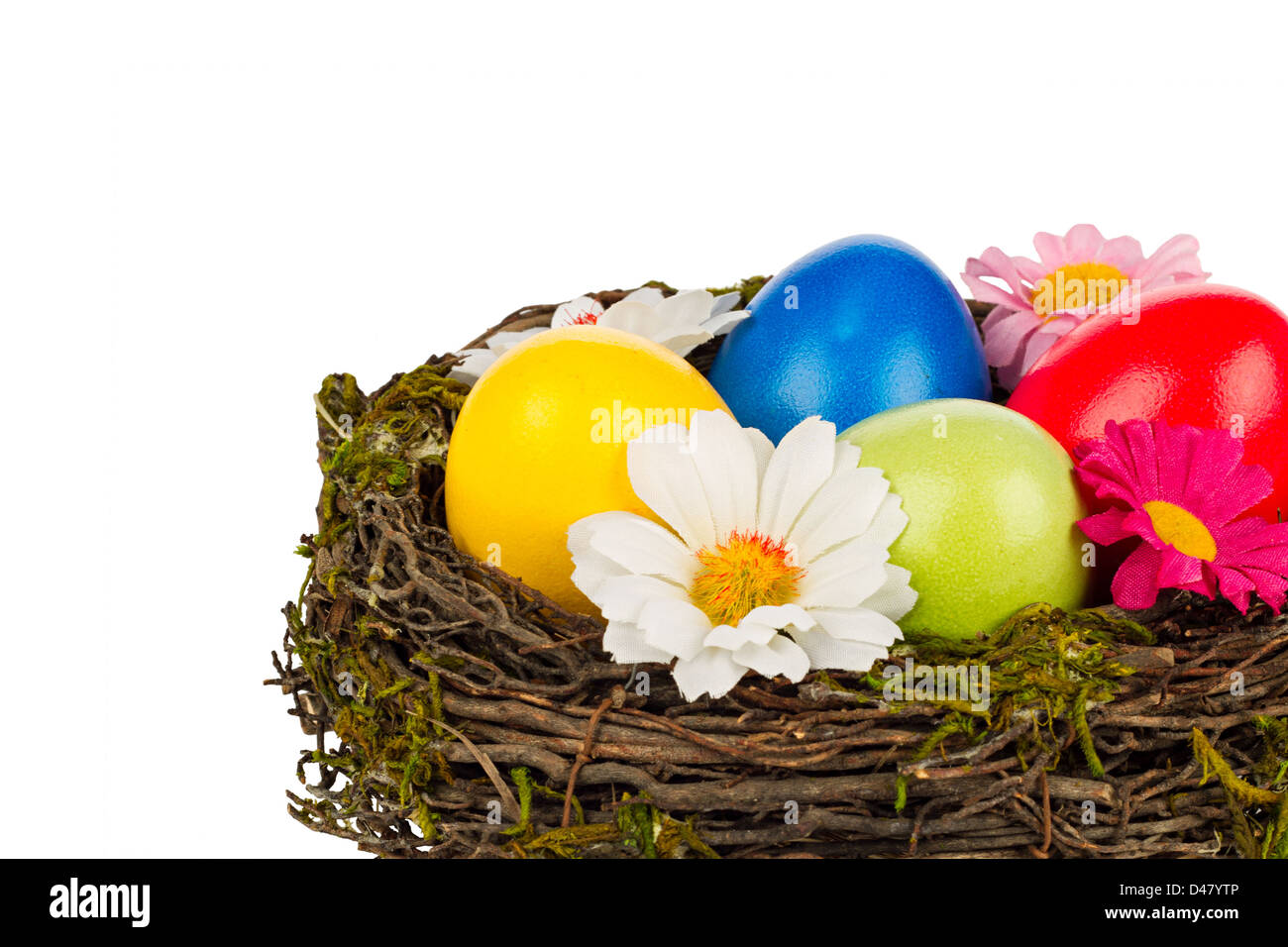 Nid de Pâques avec des oeufs et fleurs Banque D'Images