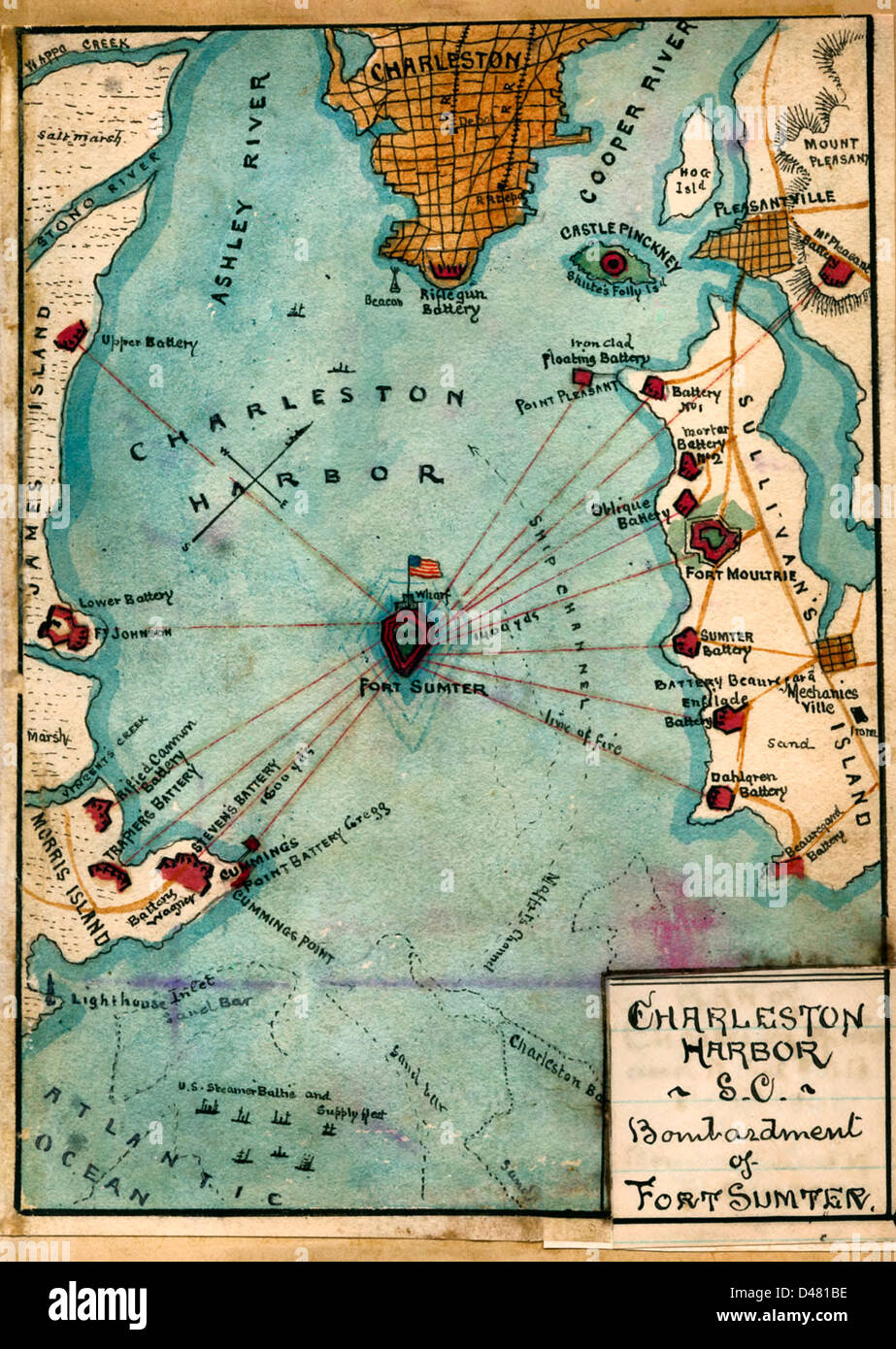 Carte Ancienne Du Port De Charleston 1865 - Caroline Du Sud - Reproduction Neuve