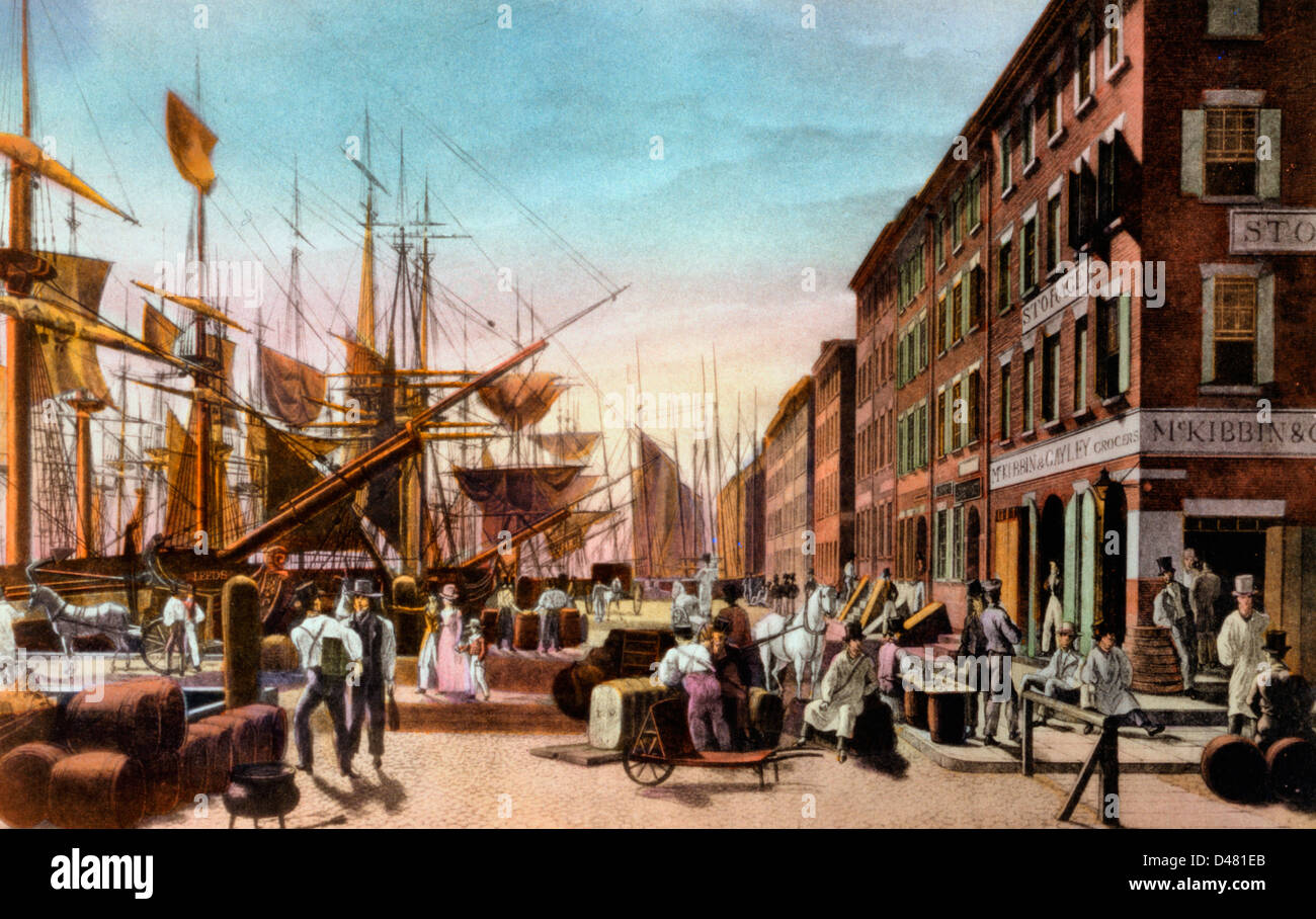 Scène quai occupé, ville de New York au début du 19e siècle Banque D'Images
