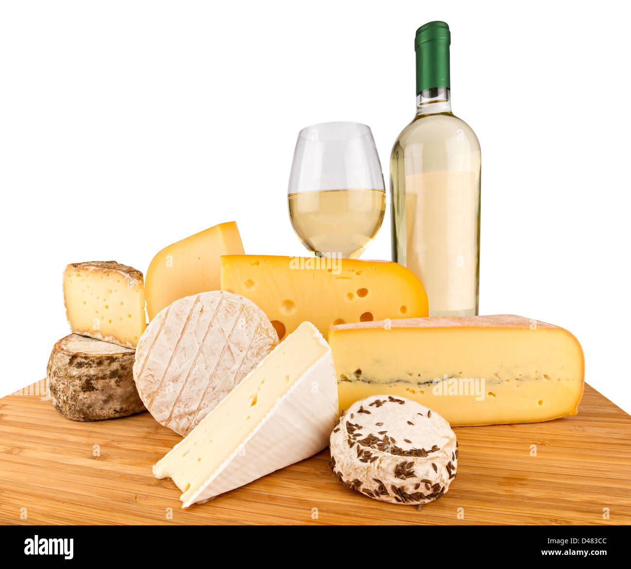 Sélection de fromages et du vin blanc Banque D'Images