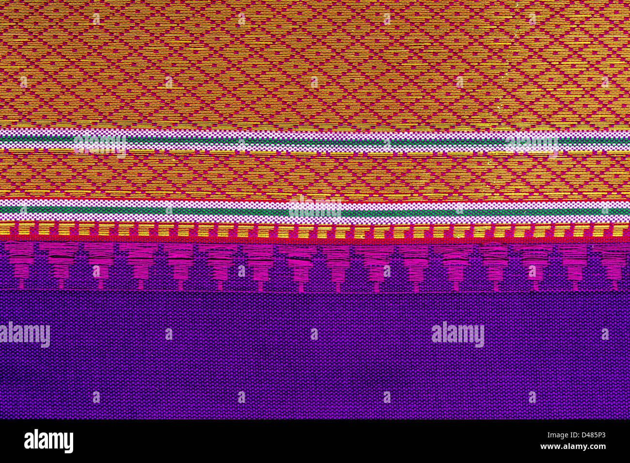 La soie indienne sari coloré montrant border pattern. Close up. L'Andhra Pradesh, Inde Banque D'Images
