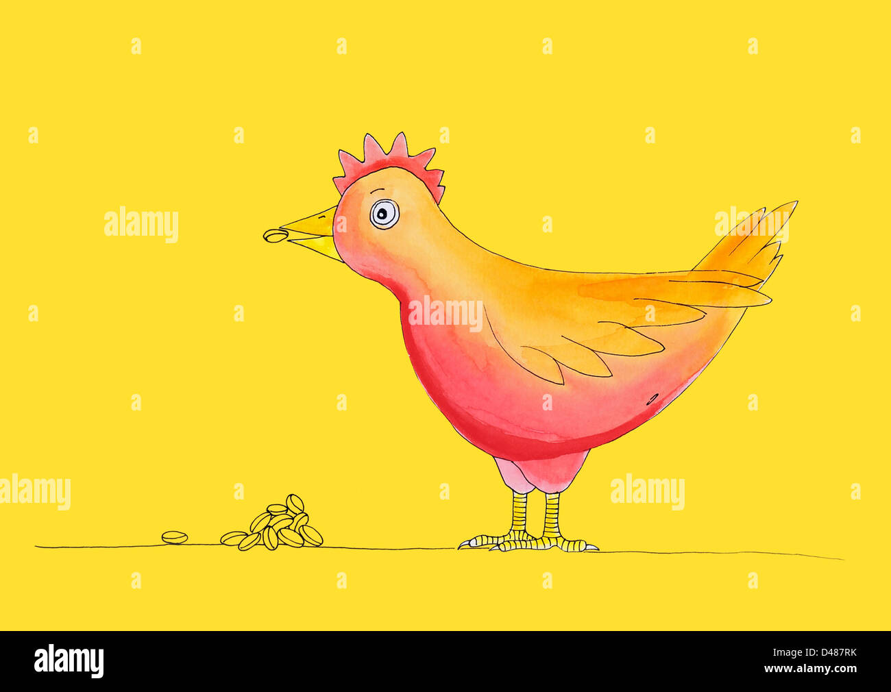 Chicken having meal, dessin d'enfant, de l'aquarelle sur papier Banque D'Images
