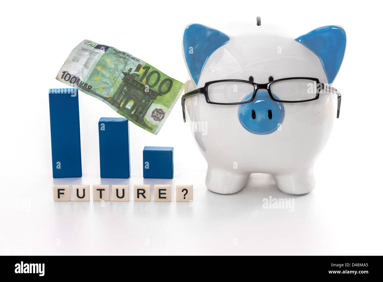 Blue and White piggy bank wearing glasses avec avenir question Banque D'Images