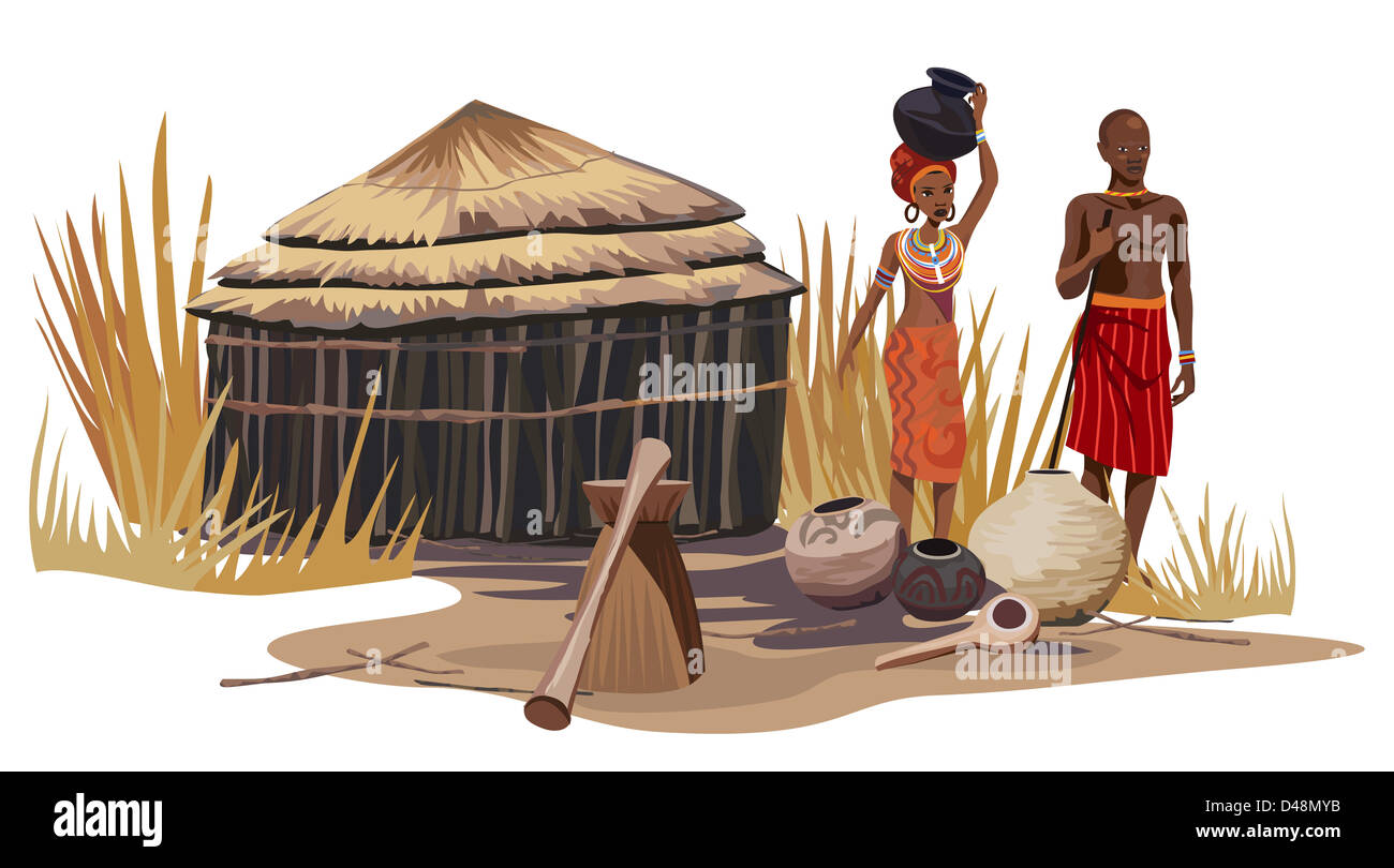 L'homme et de la femme africaine dans un village africain Banque D'Images