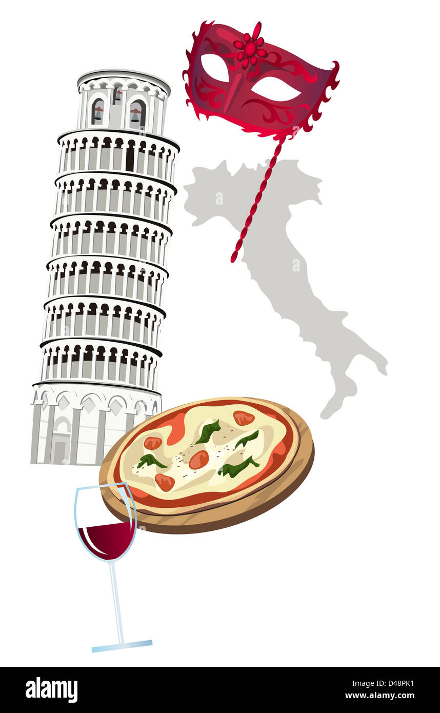 Symboles de l'Italie en tant que tour de Pise, pizza, vin, masque de Venise Banque D'Images