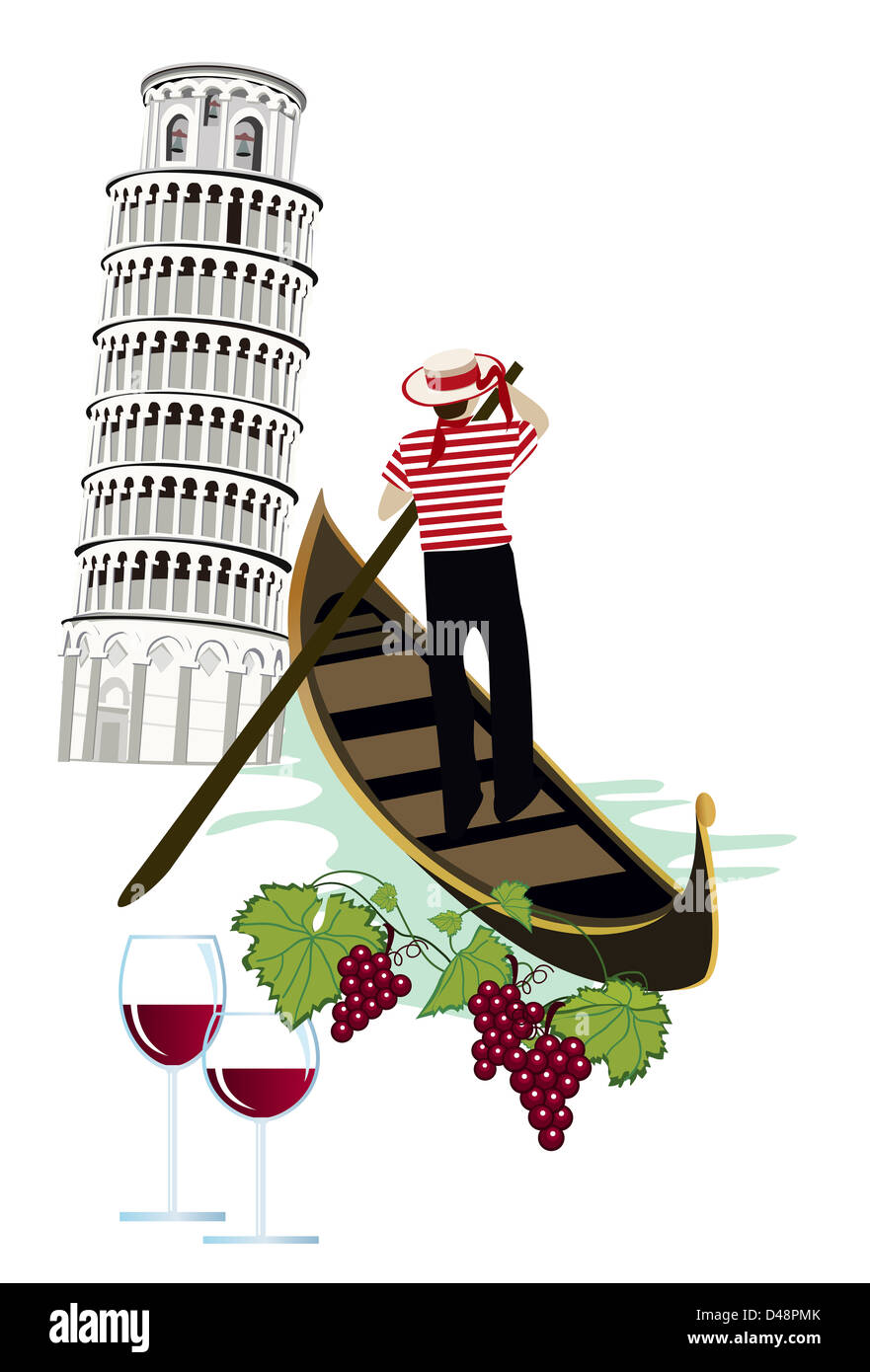 Symboles de l'Italie comme tour de Pise, vin et gondola Banque D'Images