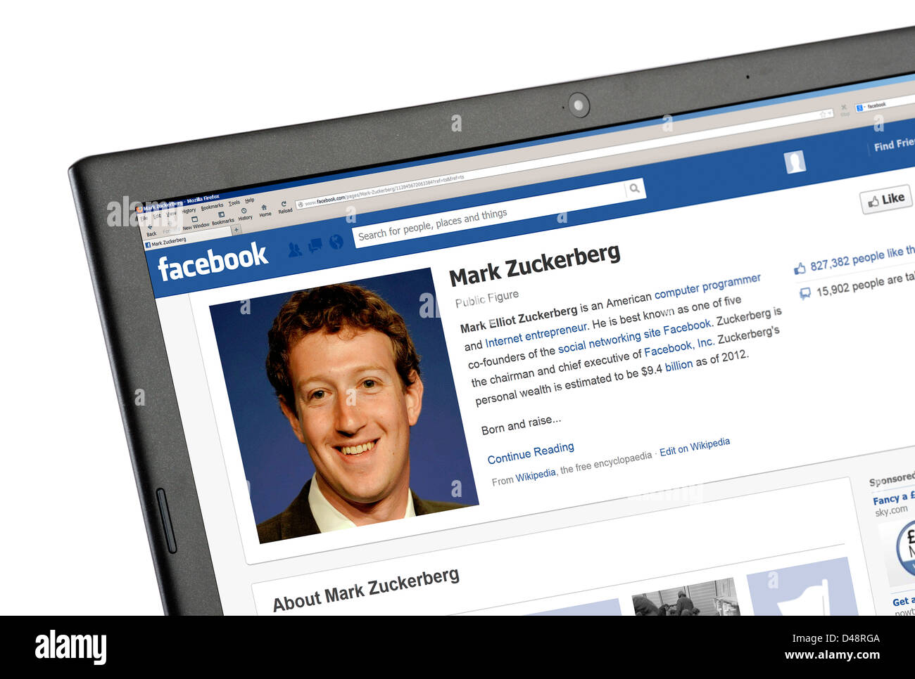Le profil Facebook de Mark Zuckerberg, l'un des fondateurs, visibles sur l'ordinateur portable Banque D'Images