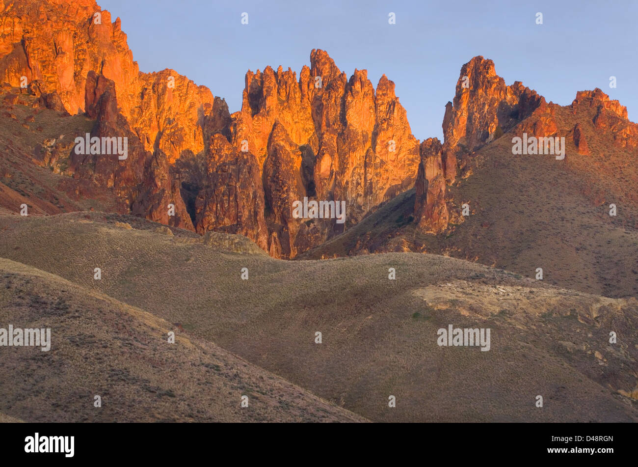 Flèches et rock formations faite de tuf volcanique dans Leslie Gulch dans l'Owyhee Uplands de l'Oregon SE Banque D'Images