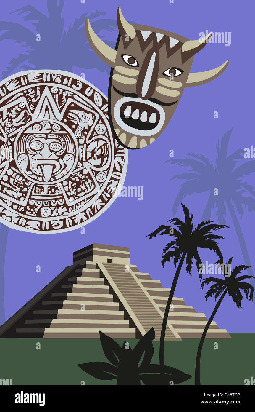 Illustration avec pyramide maya antique et calendrier Banque D'Images