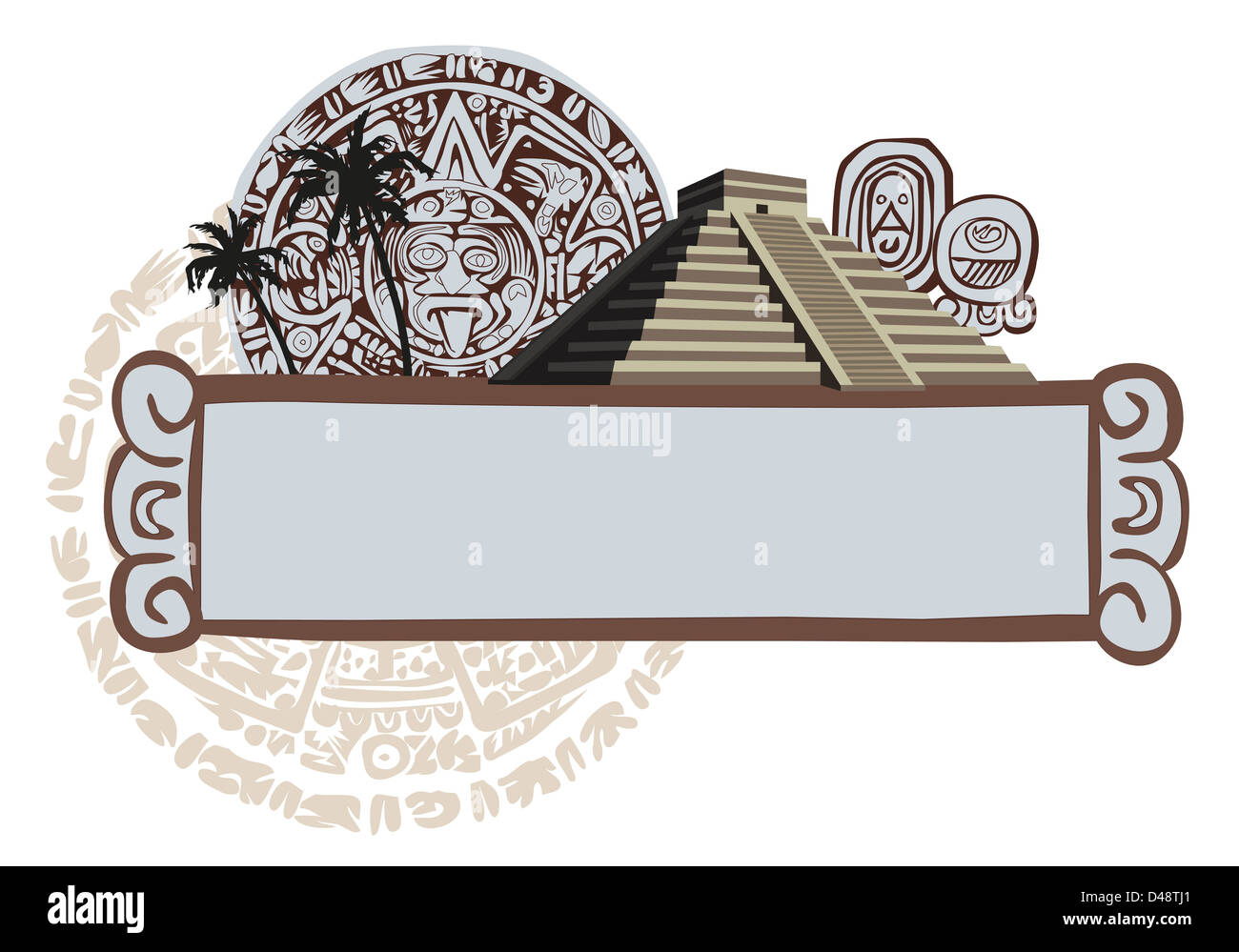 Illustration avec les glyphes antiques et pyramide Maya Banque D'Images