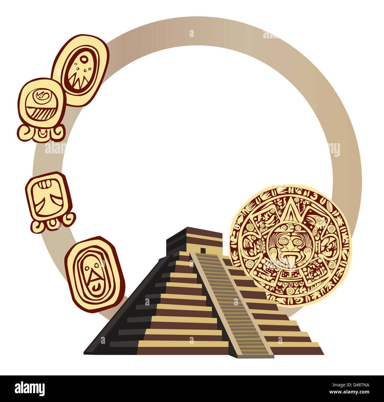 Illustration avec les glyphes antiques et pyramide Maya Banque D'Images