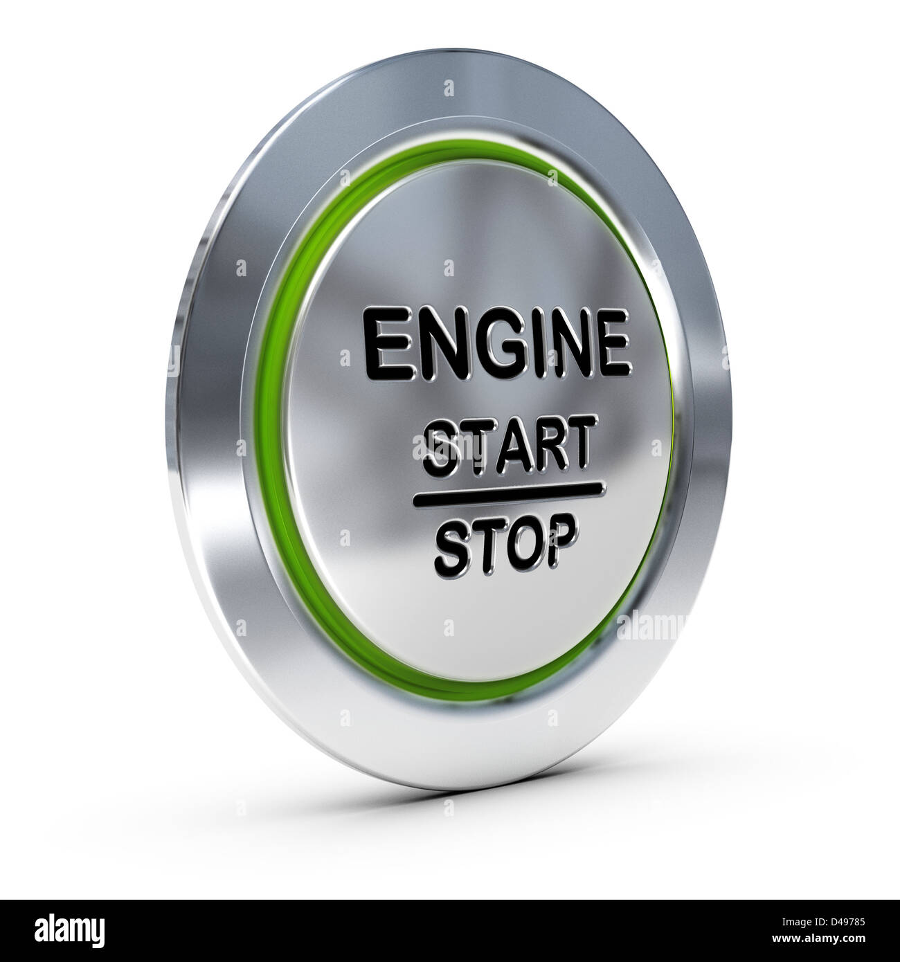 Démarrer et arrêter le bouton d'allumage sans clé sur fond blanc avec feu vert, le démarreur du moteur concept. Banque D'Images