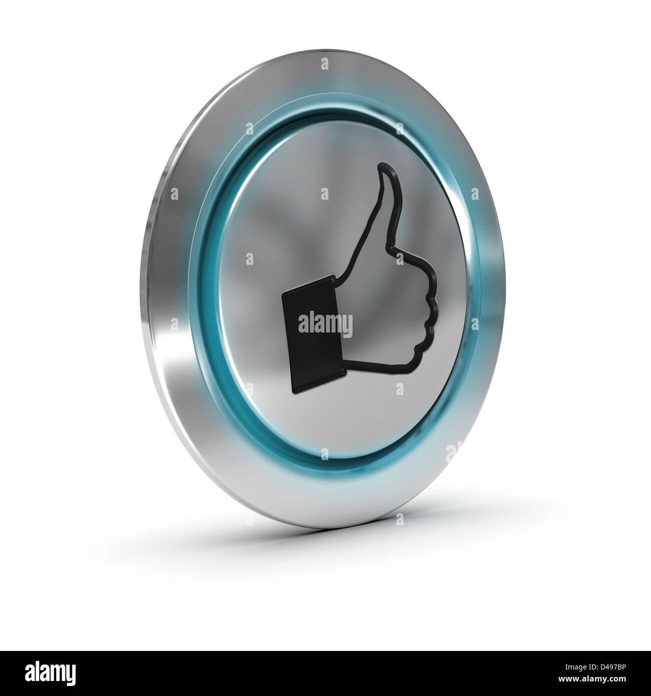 Close up d'un bouton métallique avec une main et Thumbs up symbole, effet de lumière bleue, fond blanc Banque D'Images
