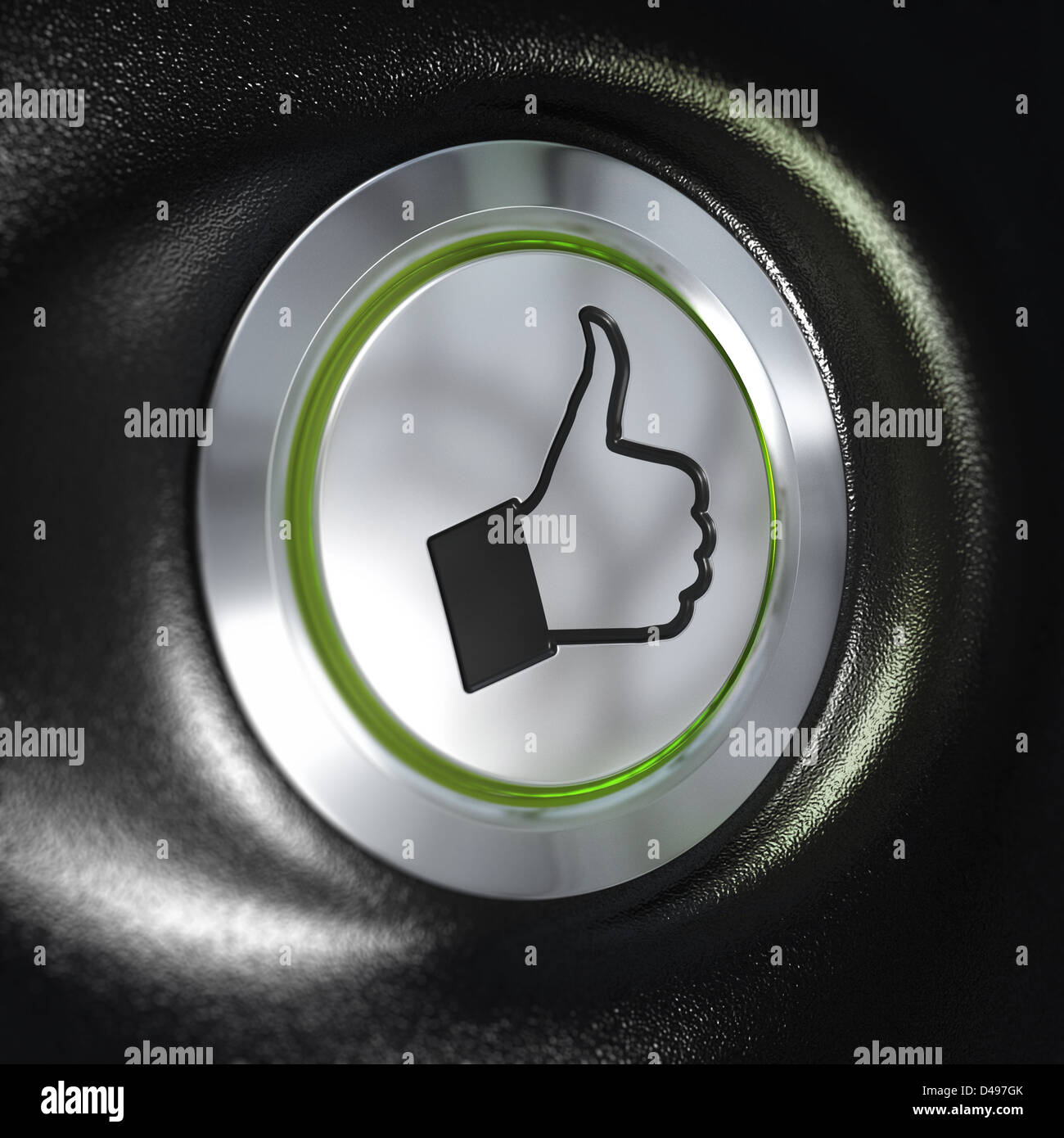 Close up d'un bouton métallique avec une main et Thumbs up symbole, feu vert, effet de flou, de l'automobile concept de qualité Banque D'Images