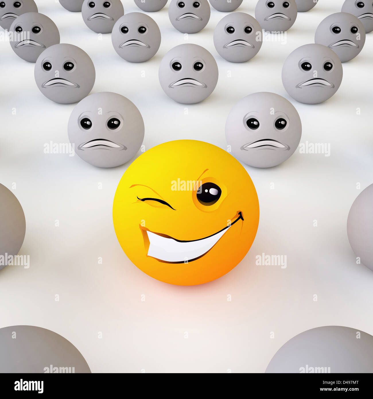 Les trois dimensions de balle Smiley optimistes dans un environnement de pessimistes (sur fond blanc) Banque D'Images